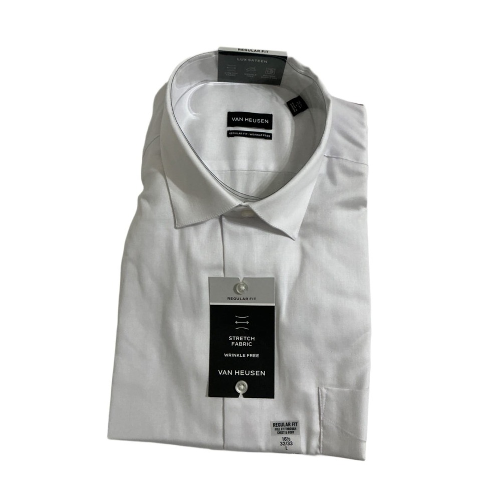 Van Heusen Lux Sateen Dress Shirt Mens 16.5 32/33 L White Regular Fit Wrinkle Fr